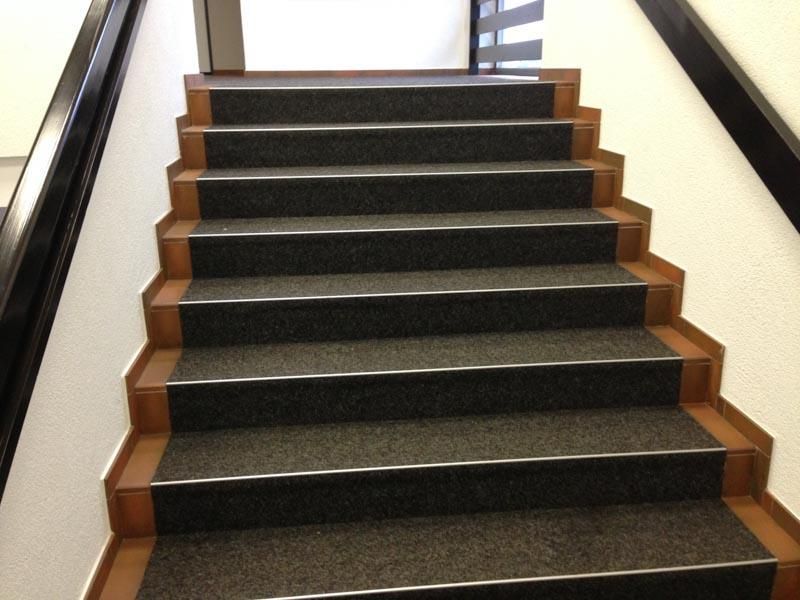 Eine Treppe mit Teppichboden und Holzgeländer