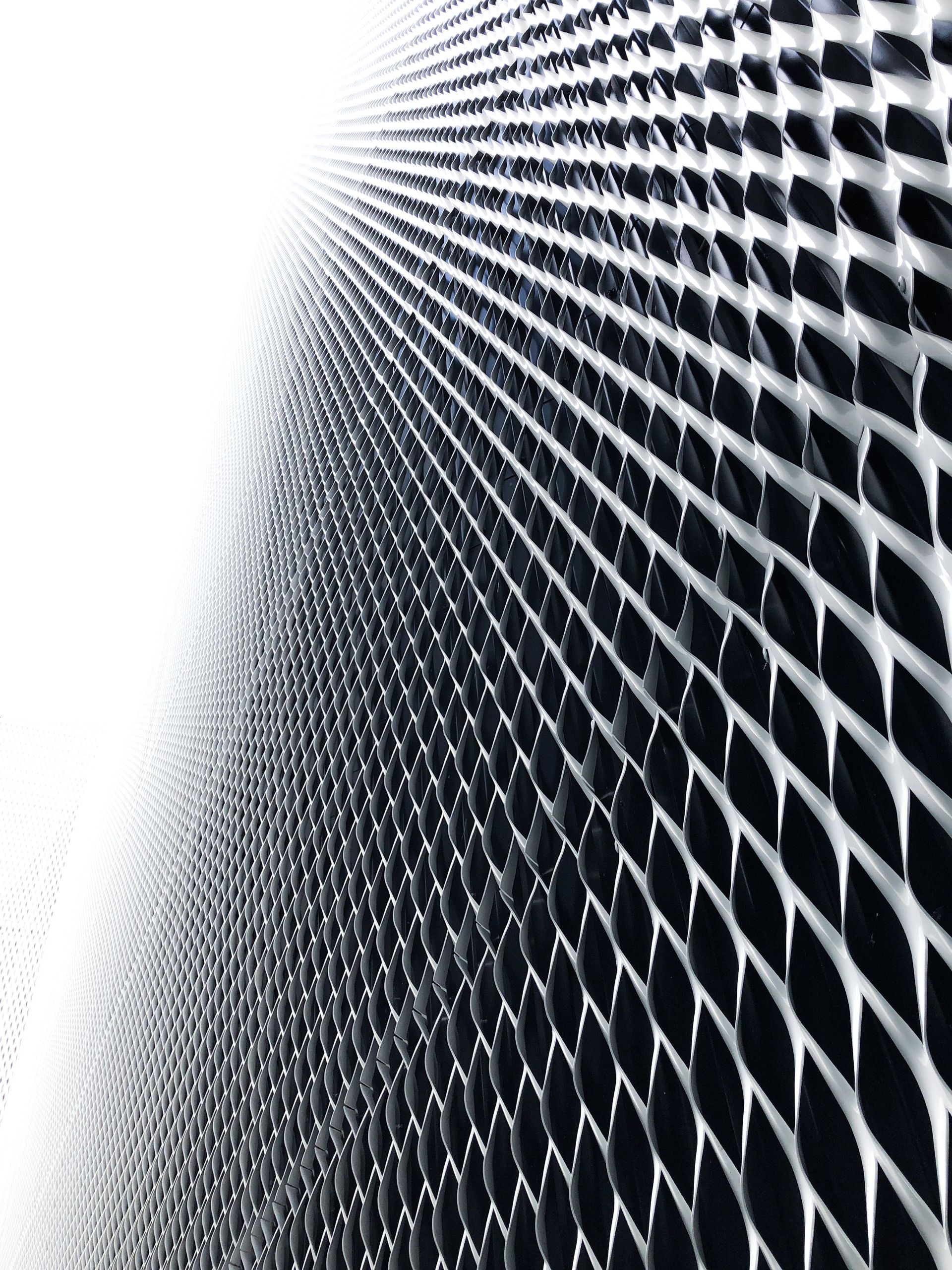 Gros plan abstrait en noir et blanc d’une structure courbe en treillis ou en maille, avec un motif géométrique répétitif