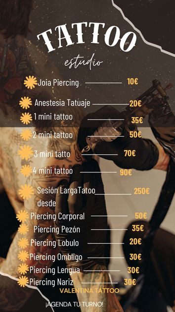 Un cartel de un estudio de tatuajes con una lista de precios.