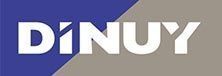 Logotipo de DINUY en blanco sobre un fondo geométrico azul y gris.