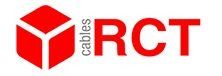Logotipo de RCT Cables con un icono de cubo rojo y el texto “RCT” en rojo sobre un fondo blanco.