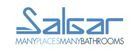 Logotipo de Salzar con el eslogan “Muchos lugares, muchos baños” en texto azul sobre fondo blanco.