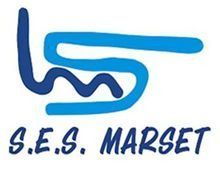 Logotipo azul &ldquo;SES MARSET&rdquo; con letras abstractas estilizadas sobre un fondo blanco.