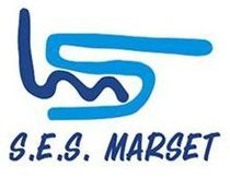 Logotipo azul &ldquo;SES MARSET&rdquo; con letras abstractas estilizadas sobre un fondo blanco.