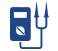Icono médico azul con un estetoscopio y un portapapeles sobre un fondo blanco.