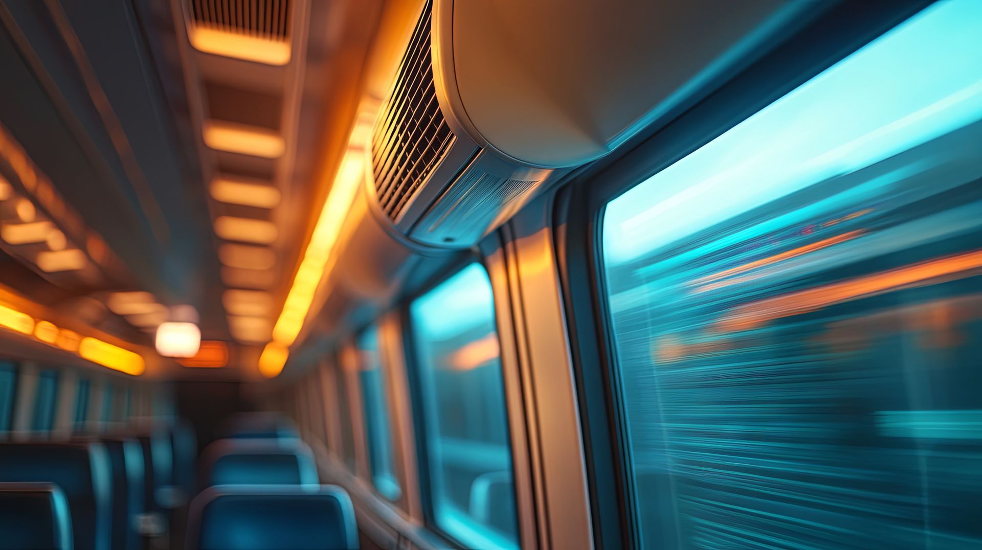 À bord d'un train lancé à pleine vitesse, vue à travers les fenêtres de la lumière extérieure floue ; teintes orange et bleues.