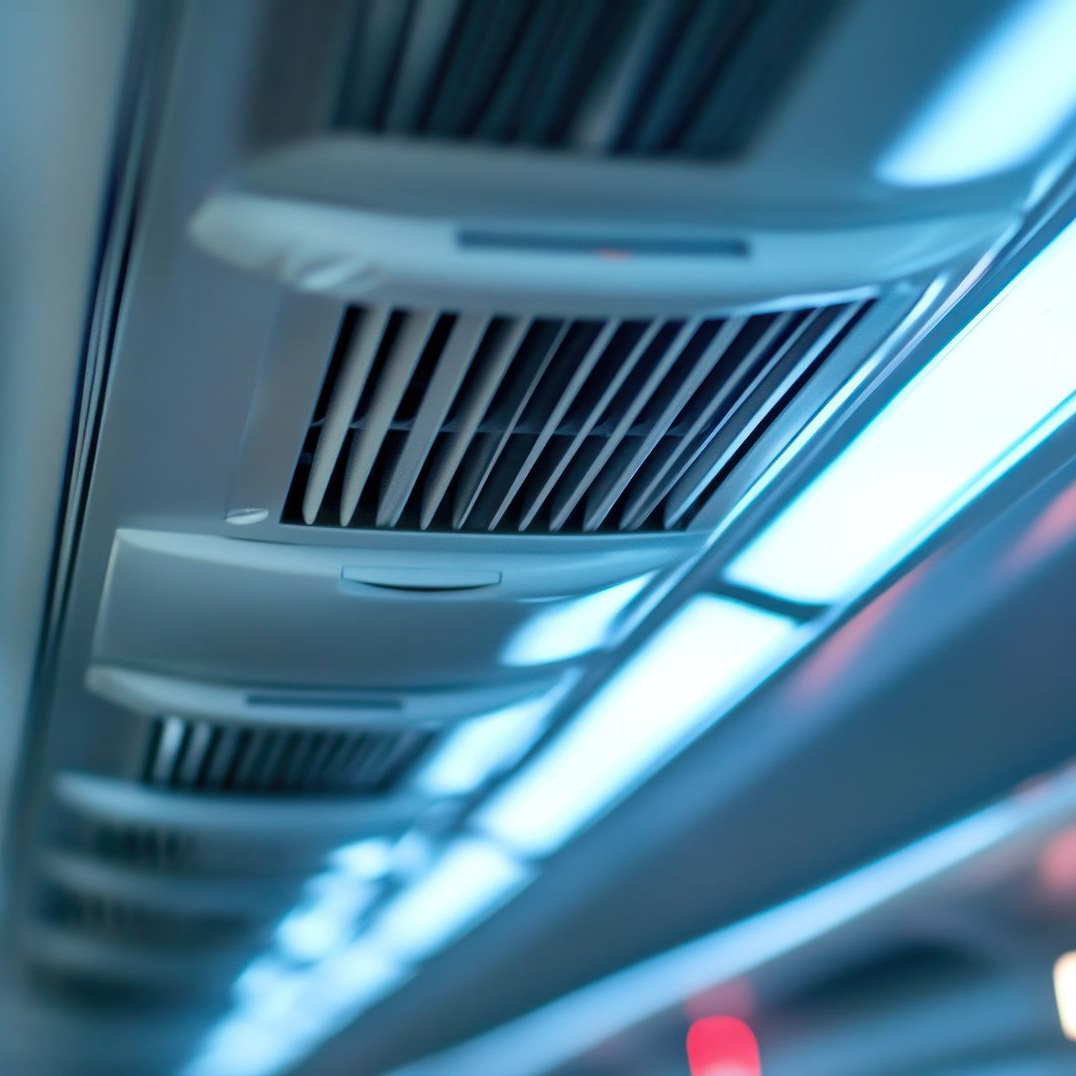 Système de ventilation au plafond d'un train, vue en biais, tons blancs et bleus.