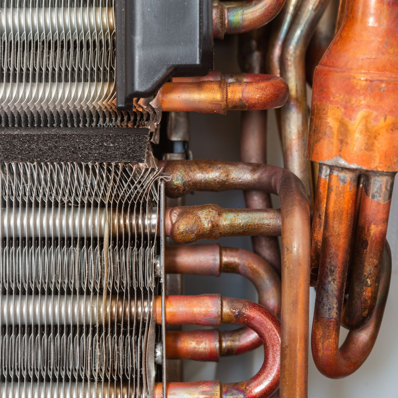 Gros plan sur les serpentins et les tuyaux en cuivre d'un climatiseur, montrant la corrosion.