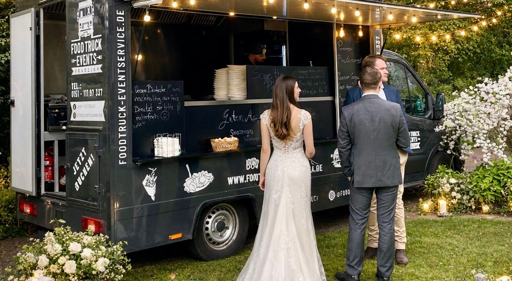 Braut und Bräutigam an einem Imbisswagen für ihre Hochzeit. Der Wagen ist mit Lichtern geschmückt.