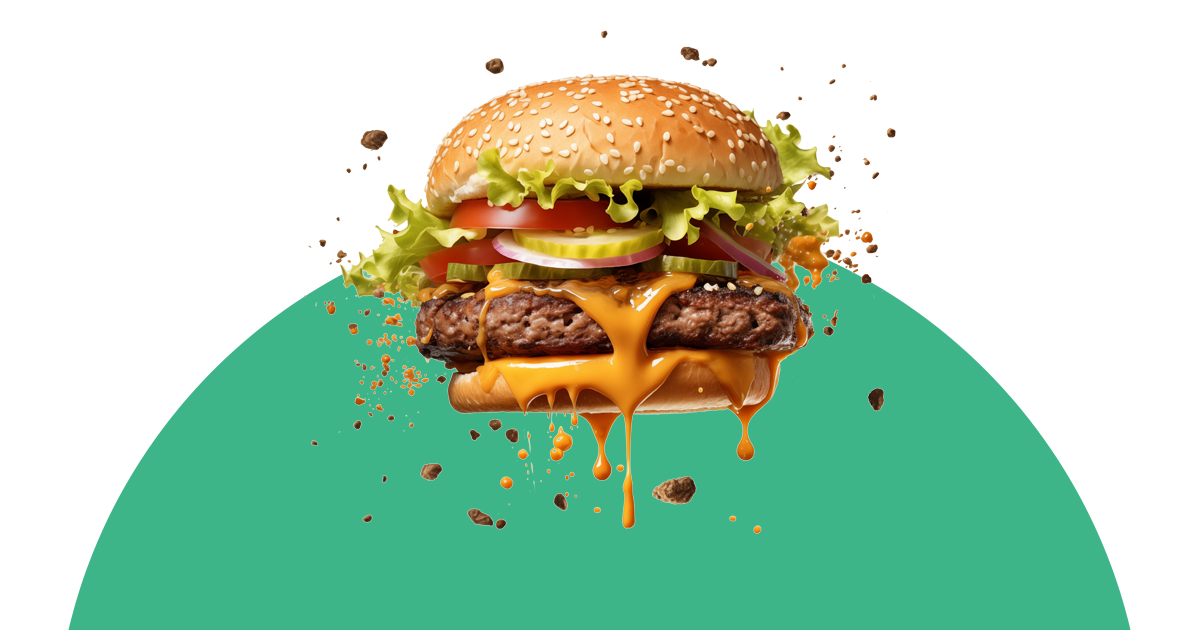 Auf grünem Hintergrund fliegt ein Hamburger mit Käse, Salat, Tomaten und Gurken durch die Luft.