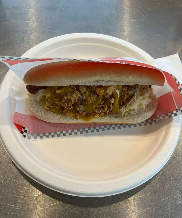 Ein Pappteller mit einem Hotdog darauf