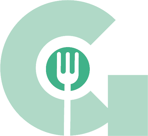 Ein grün-weißes Logo mit einer Gabel in der Mitte.