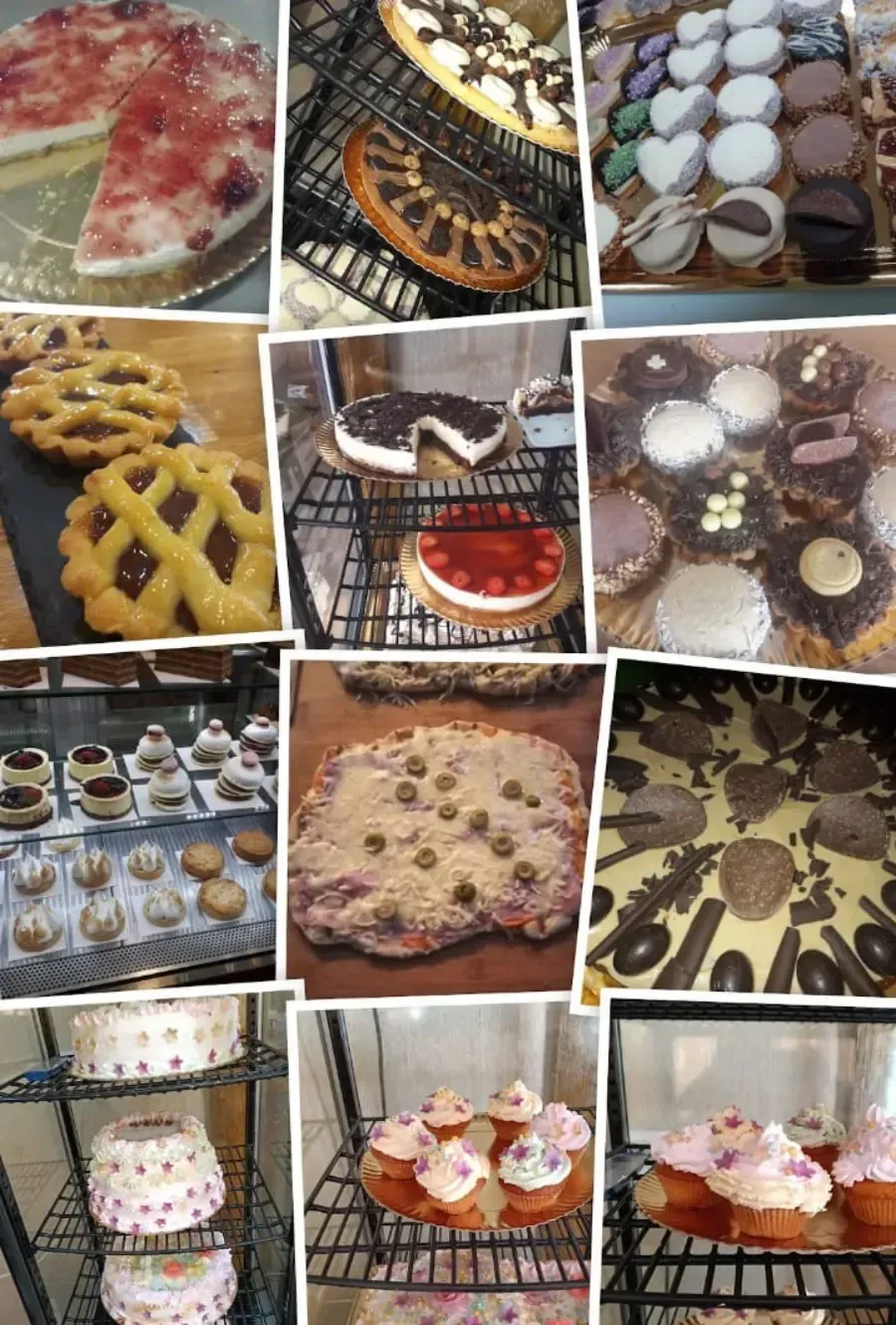 Collage de diversos pasteles, entre ellos tartas, pasteles y galletas, expuestos en estantes y bandejas.