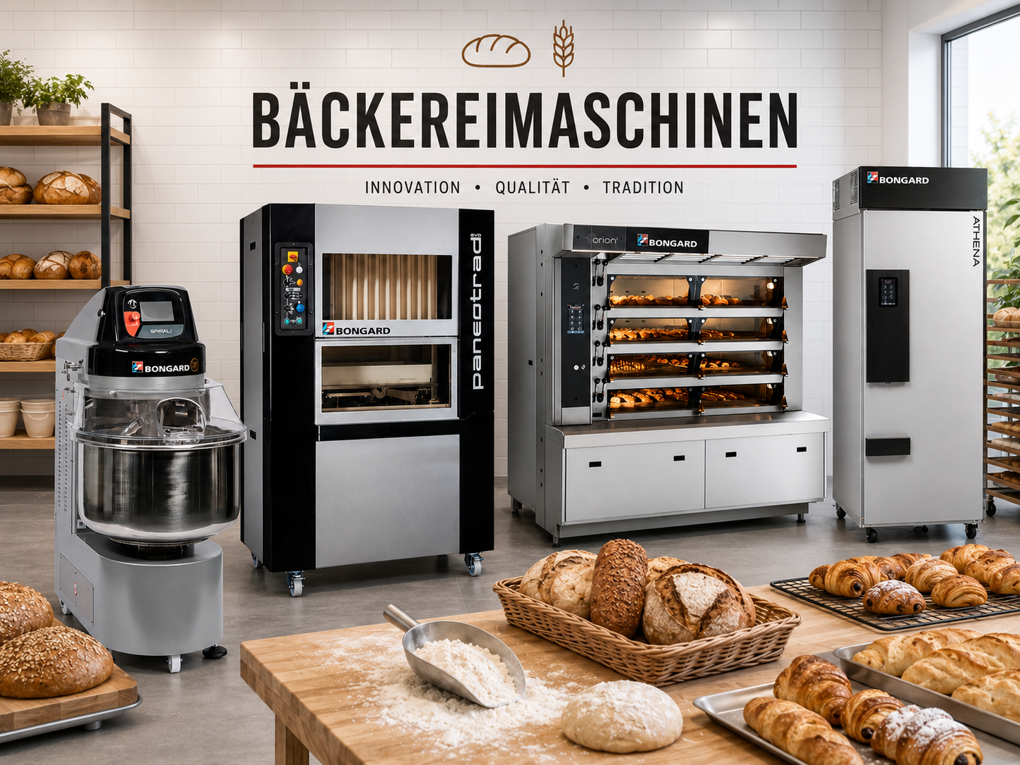 Professionelle Bäckereimaschinen und Backöfen in einem Ausstellungsraum, mit Brot, Brötchen und Teig auf einem Arbeitstisch im Vordergrund.