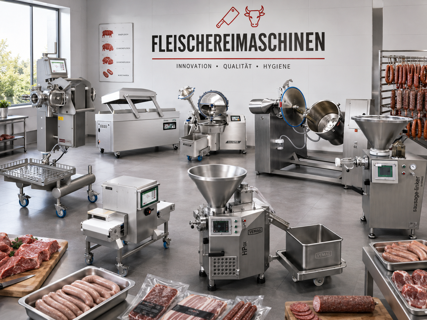 Professionelle Fleischereimaschinen aus Edelstahl in einem modernen Ausstellungsraum, mit Fleisch- und Wurstwaren im Vordergrund.