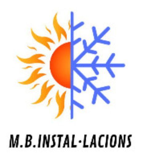 Logotipo de M.B. Instal-Lacions con un sol y un copo de nieve divididos en naranja y azul