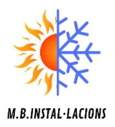 Logotipo de M.B. Instal-Lacions con un sol y un copo de nieve divididos en naranja y azul
