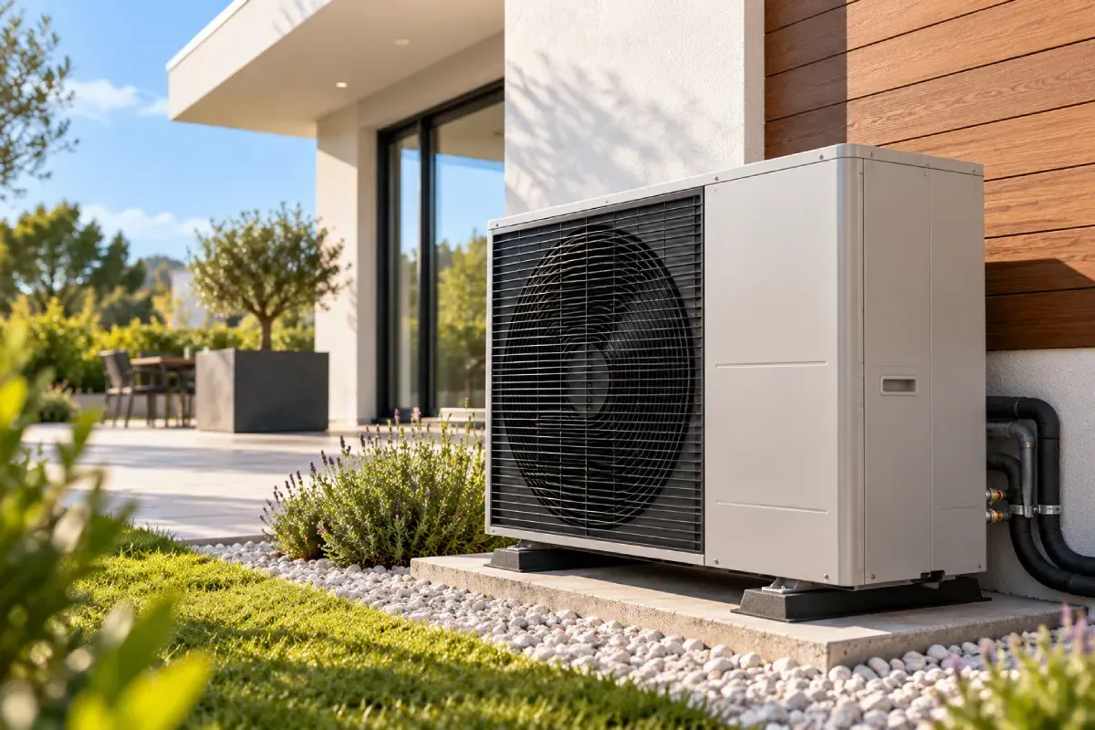 Outdoor air conditioning unit beside a modern house with landscaped garden and patio
