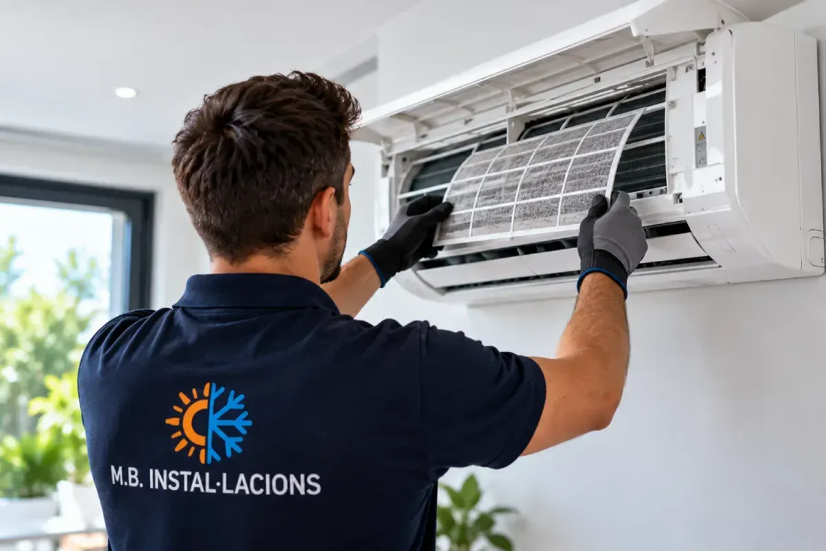 Técnico instalando un aire acondicionado de pared en una habitación luminosa