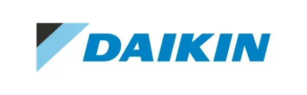Logotipo de Daikin en azul, con un icono geométrico triangular celeste sobre un fondo blanco