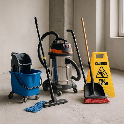 Un aspirateur, une serpillière, une pelle et un seau sont posés à côté d'un panneau d'avertissement de sol mouillé.