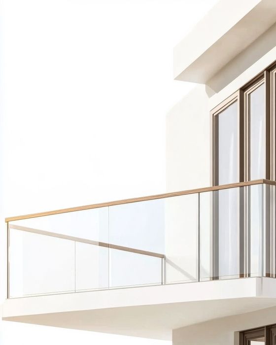 Balcón con barandilla de cristal transparente y pasamanos de madera en edificio blanco.