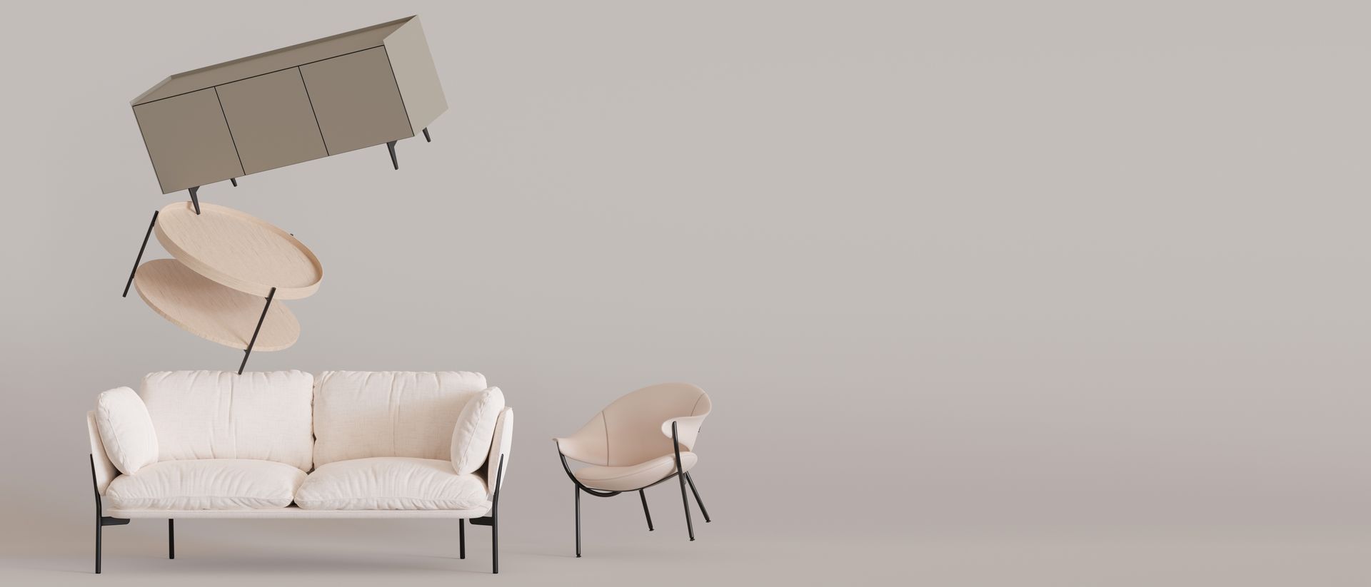 Une pièce avec des meubles en lévitation : un canapé, des chaises, une table et une armoire.