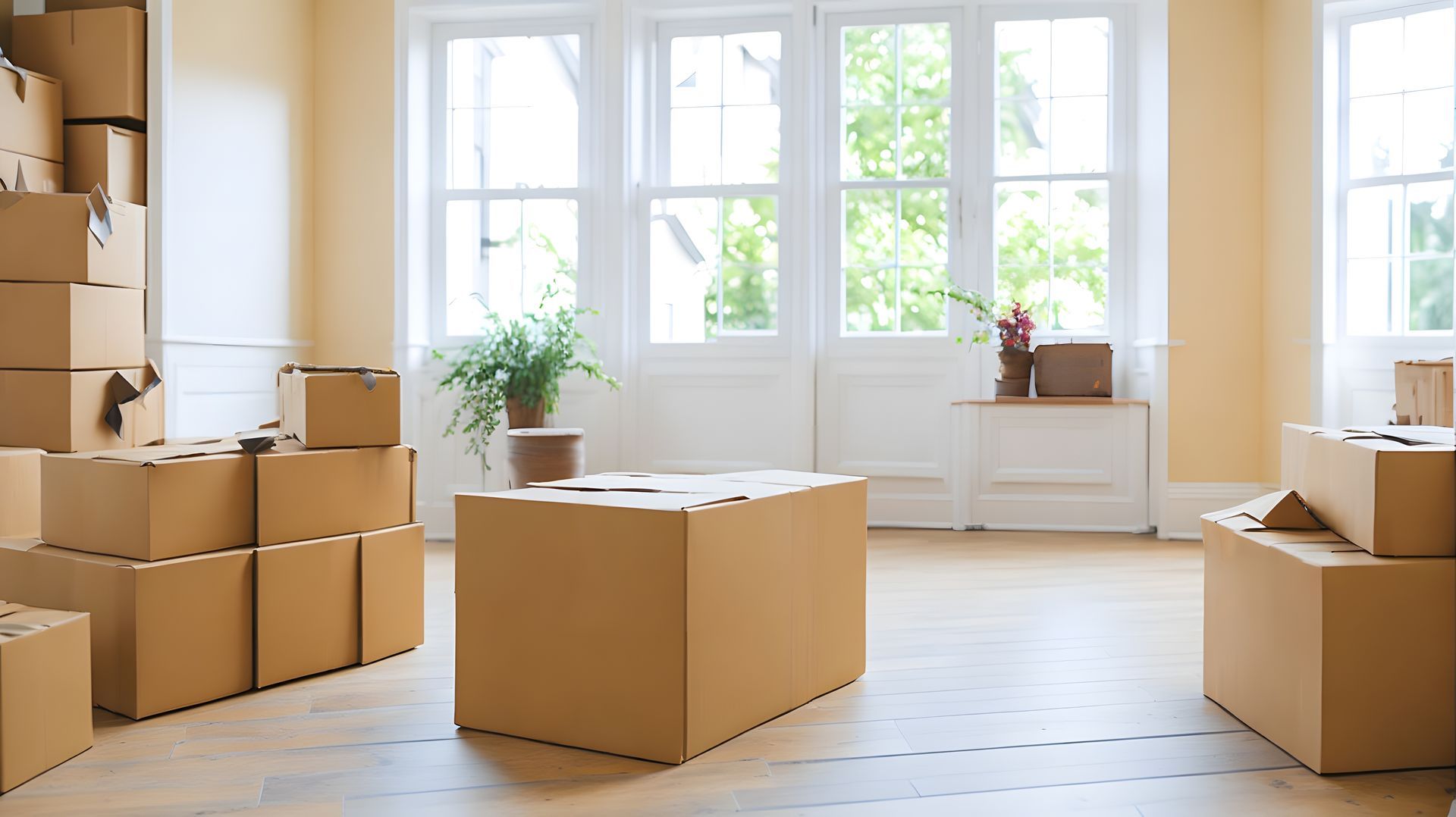 Pièce vide avec plusieurs cartons, probablement pour un déménagement. Lumière naturelle provenant de grandes fenêtres.