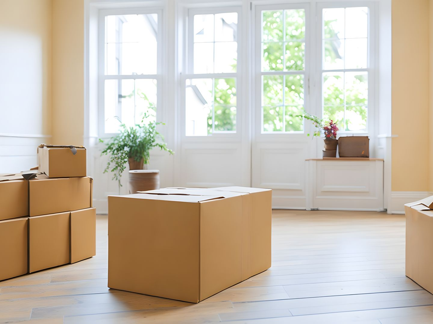 Pièce vide avec des cartons de déménagement ; grandes fenêtres, parquet.