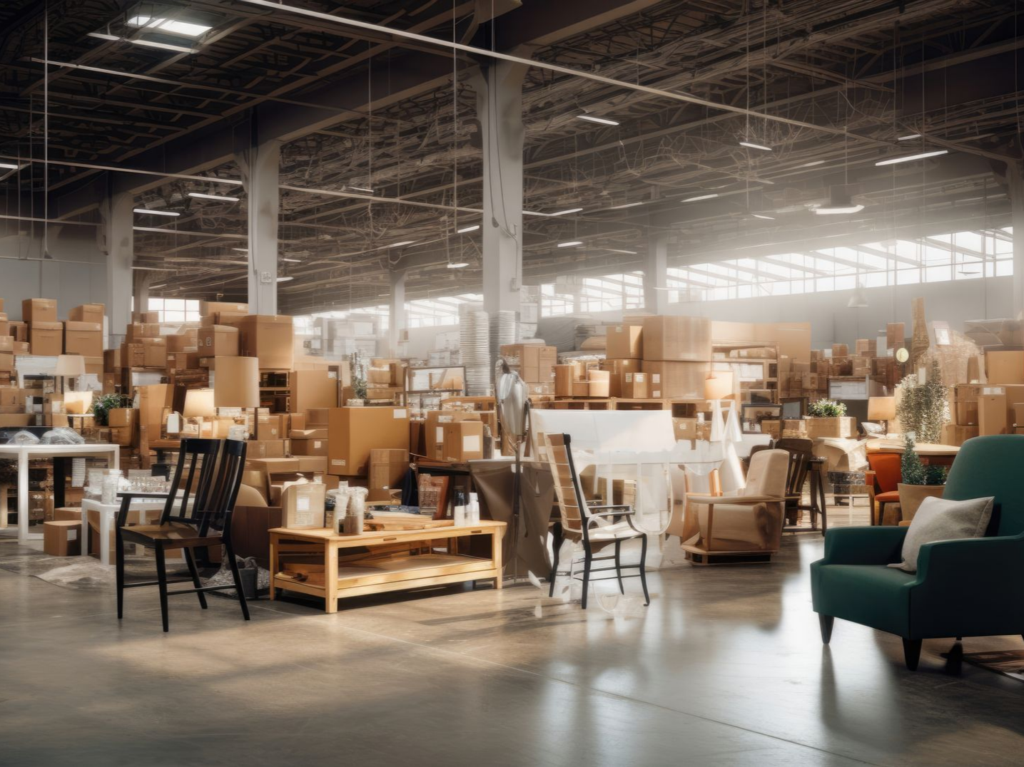 Vaste entrepôt rempli de cartons, de meubles et de sièges.