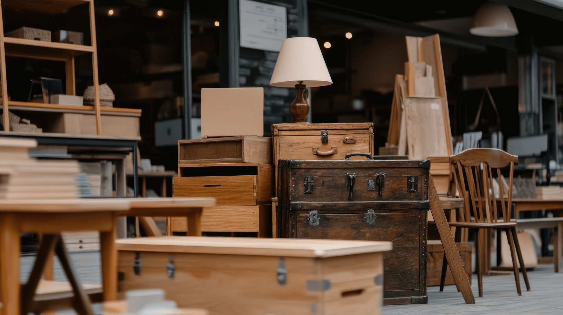 Présentation de meubles anciens devant un magasin : malles, lampe, commodes, étagères et chaises dans différentes essences de bois.