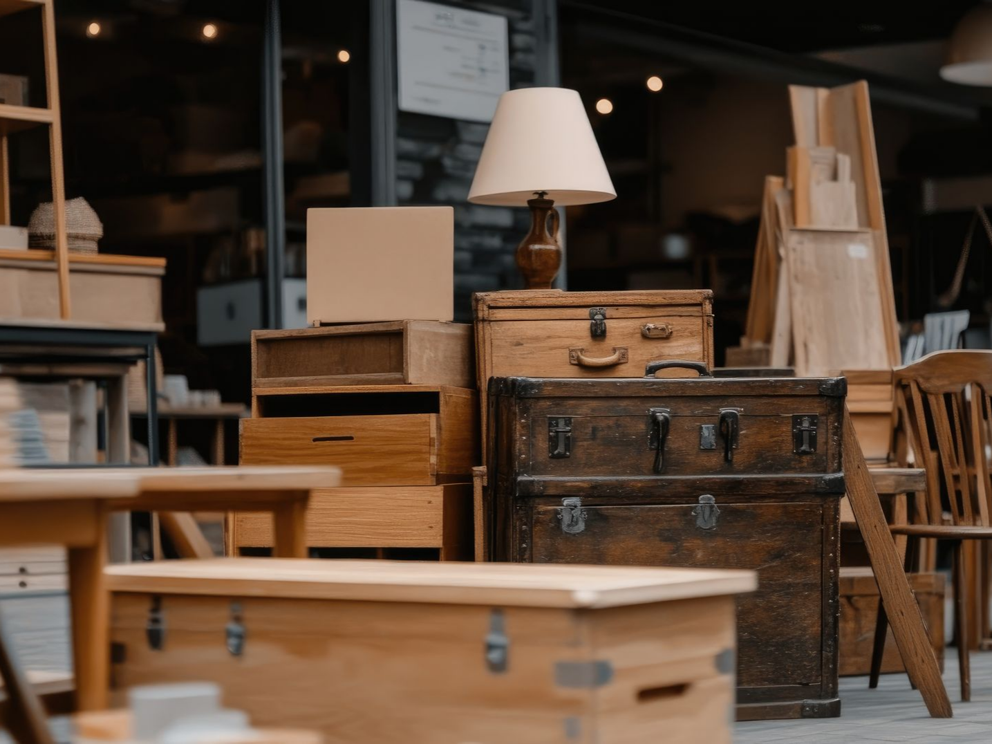 Un tas de malles anciennes et de meubles en bois s'entasse devant un magasin. Une lampe est posée dessus.