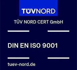 TÜV NORD CERT-Logo und DIN EN ISO 9001-Zertifizierungstext auf blauem Hintergrund
