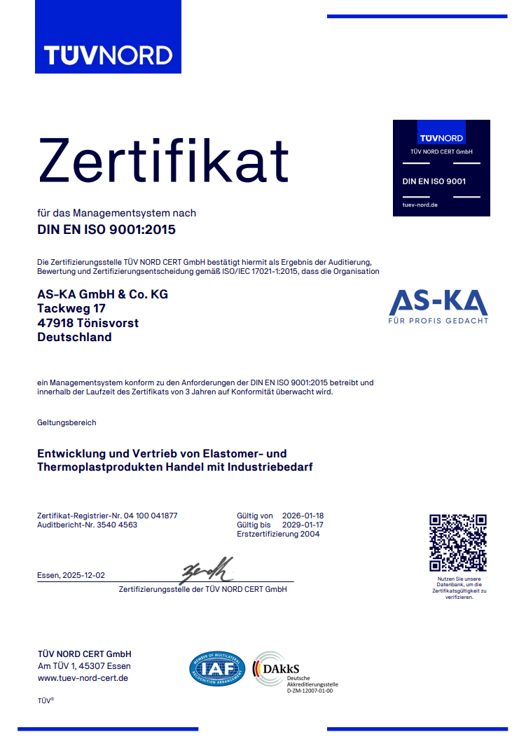Deutsches TÜV NORD-Zertifikat auf einer weißen Seite mit blauen Akzenten und einem QR-Code