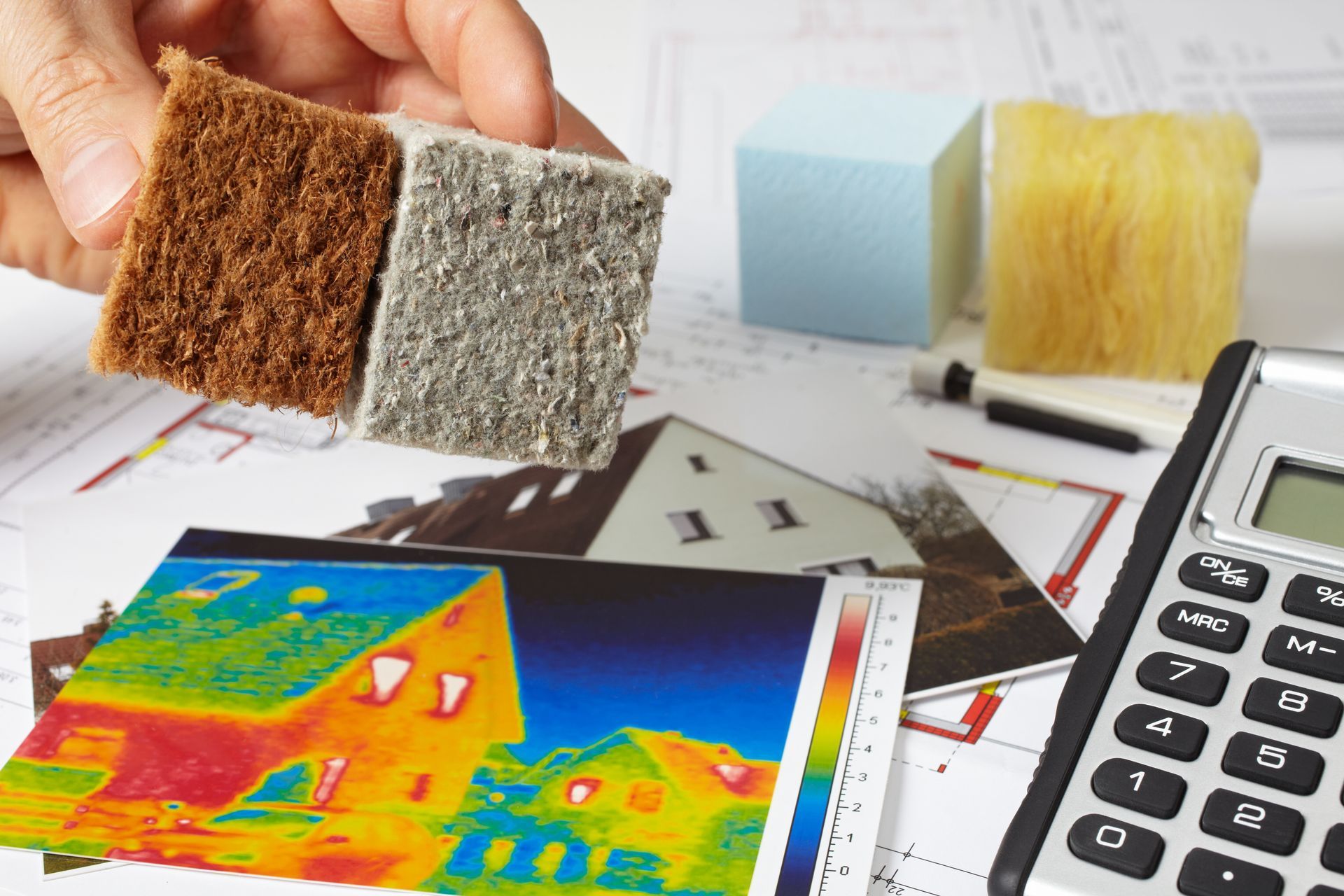Photo version thermique d'une maison et présentation de différentes matières isolantes