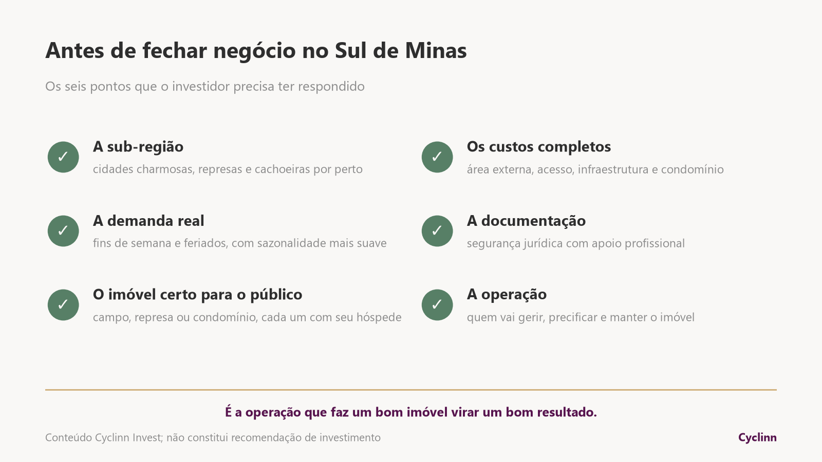 Checklist para comprar imóvel de temporada no Sul de Minas: sub-região, demanda, tipo de imóvel, custos, documentação e operação