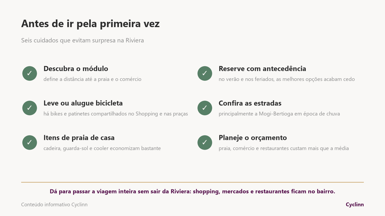 Dicas para a primeira visita à Riviera de São Lourenço: módulo, bicicleta, itens de praia, reserva antecipada, estradas e orçamento