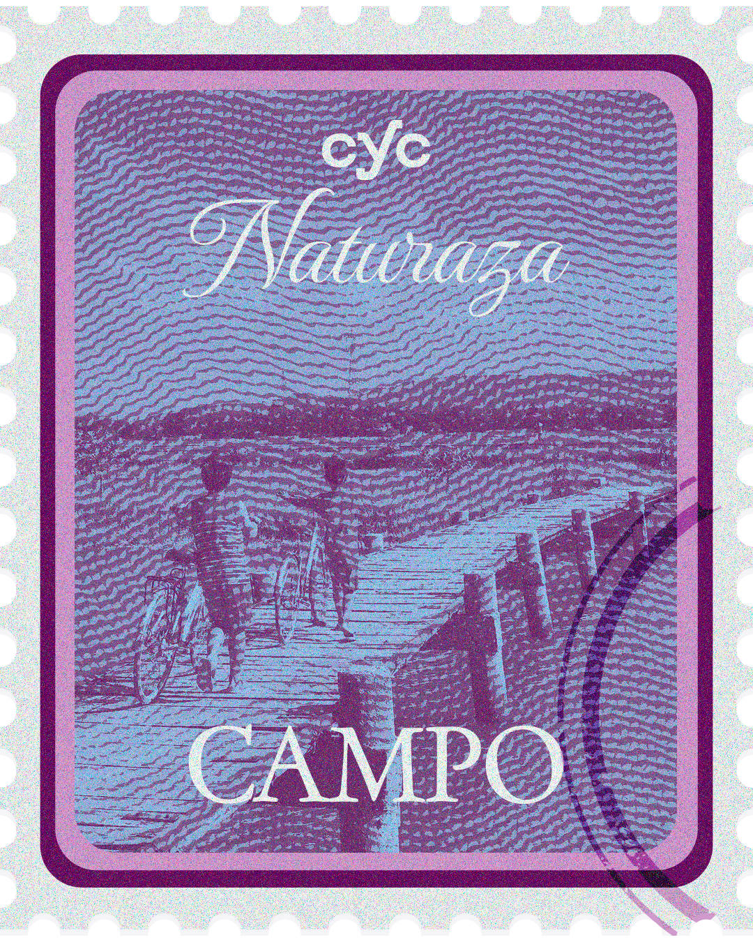 Selo postal roxo e azul: uma cena rural com figuras em um caminho, as palavras