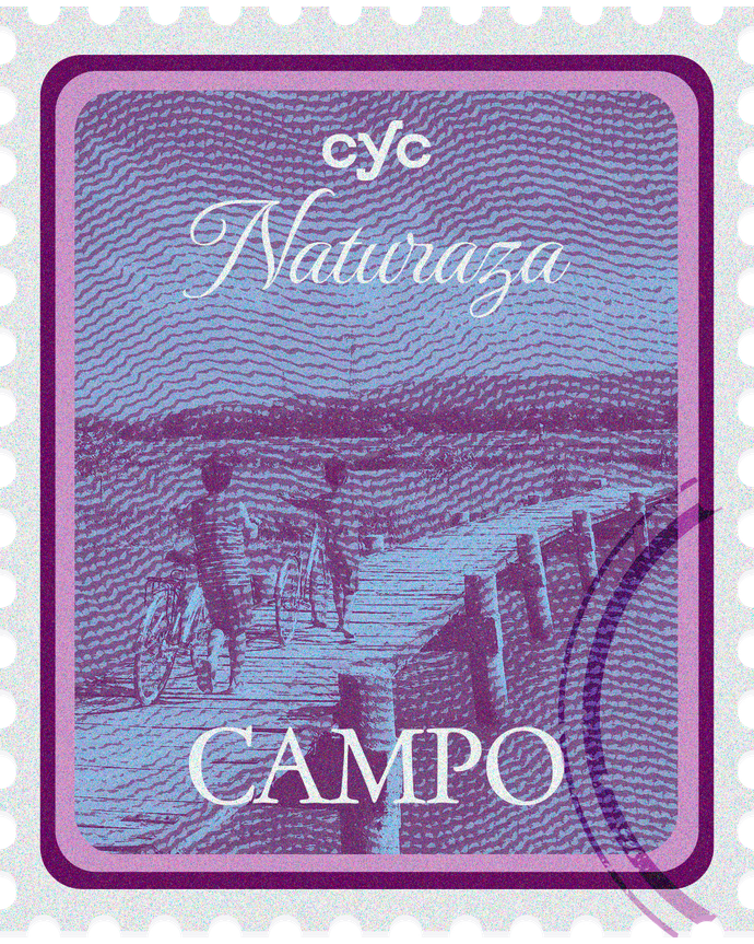 Um selo postal com a imagem de uma pessoa andando de bicicleta em um cais.