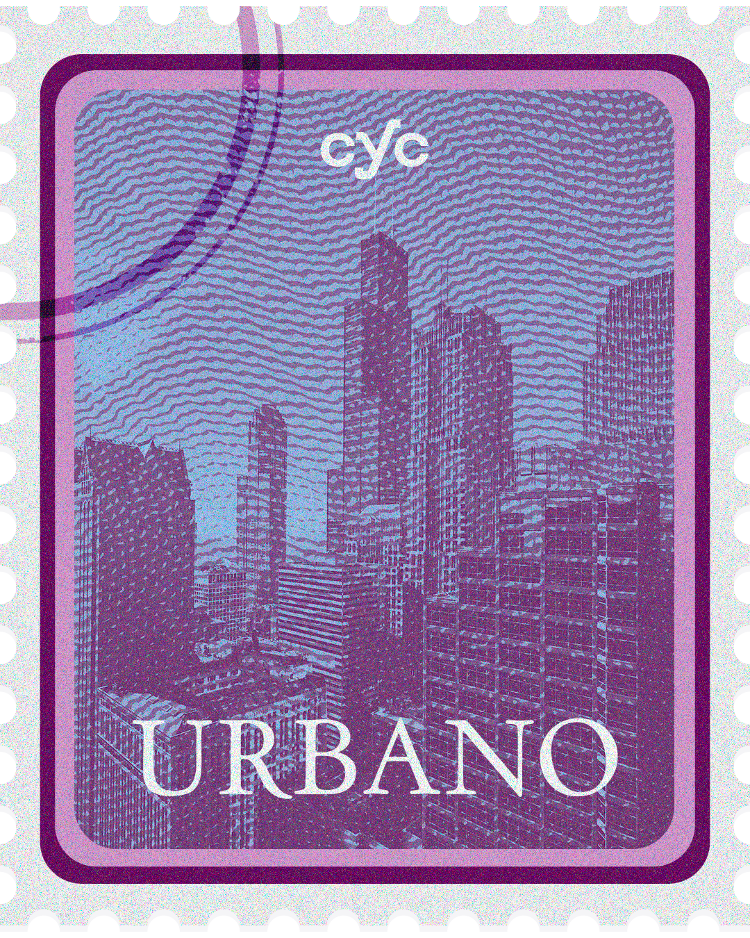 Selo postal roxo e azul com uma paisagem urbana, a palavra