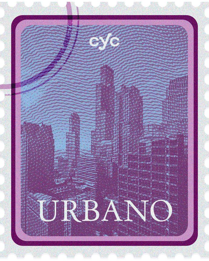 Um selo roxo com a imagem de uma cidade e a palavra urbano nela.