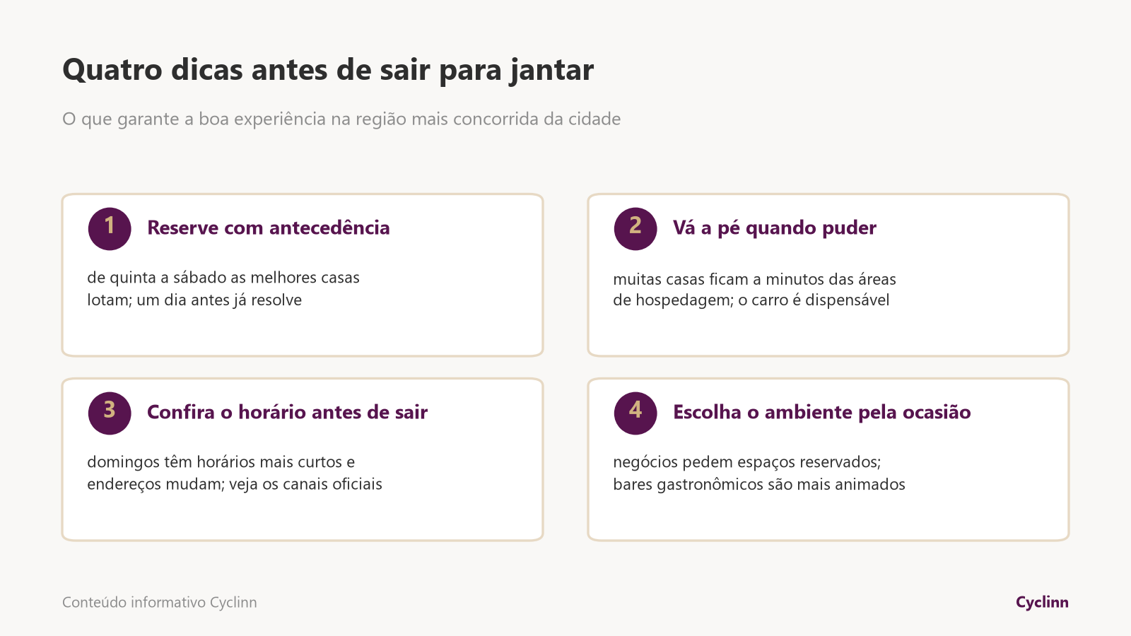 Quatro dicas para jantar no Itaim Bibi e Vila Olímpia: reservar com antecedência, ir a pé, conferir horários e escolher o ambiente pela ocasião