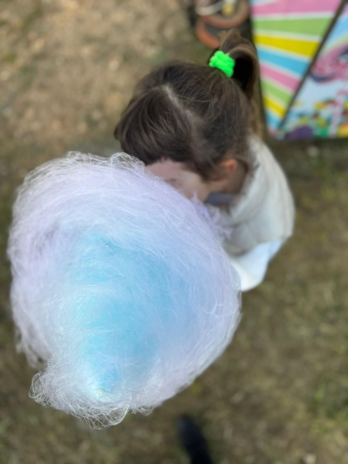 Una persona sosteniendo un gran cono de algodón de azúcar de color azul claro y morado en un evento al aire libre.