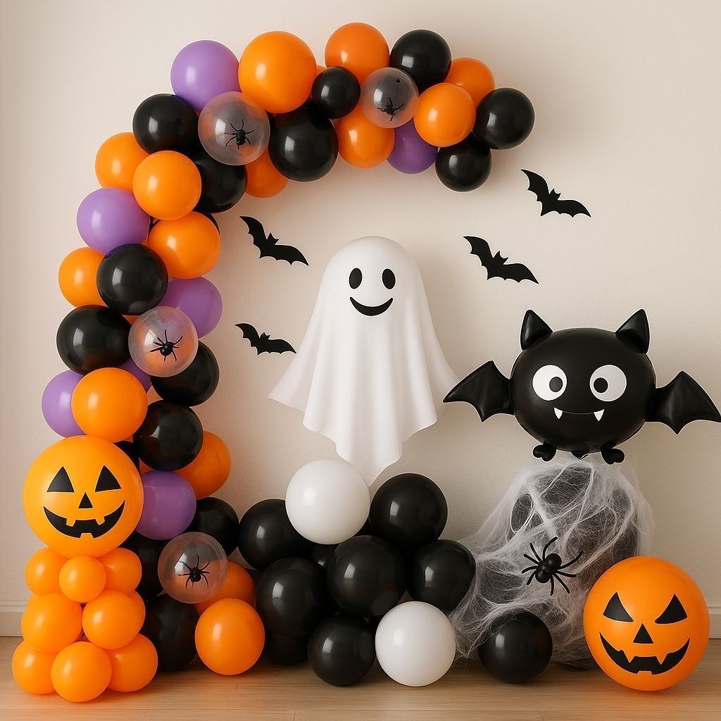 Un arco de globos festivo de Halloween con globos naranjas, negros y morados, un fantasma, un murciélago, calabazas y detalles de telarañas.