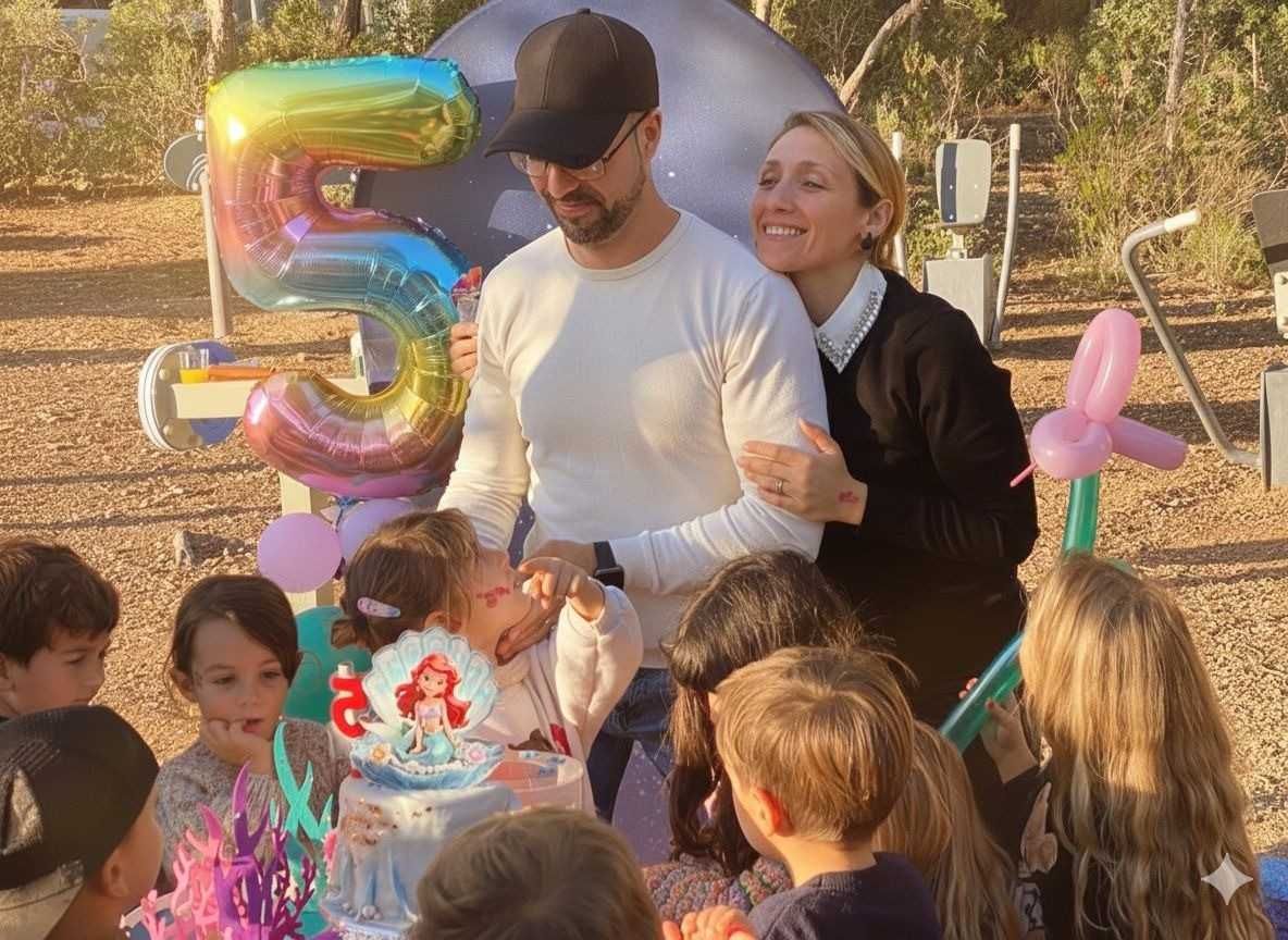 Un grupo de niños se reúne alrededor de una tarta de cumpleaños con una figura de sirena en la parte superior, junto a dos adultos, con un gran globo con el número