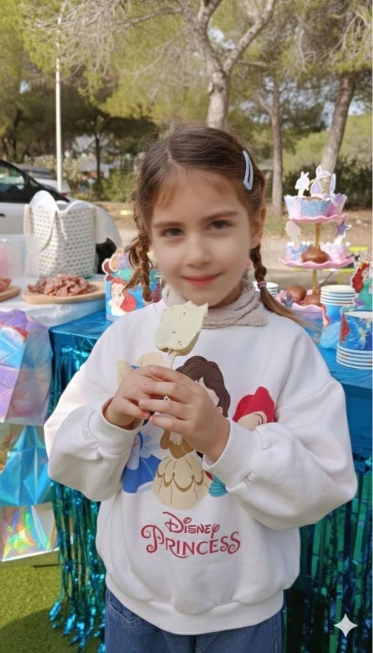 Una niña con coletas lleva una sudadera de las Princesas Disney y sostiene un trozo de comida en una fiesta al aire libre.