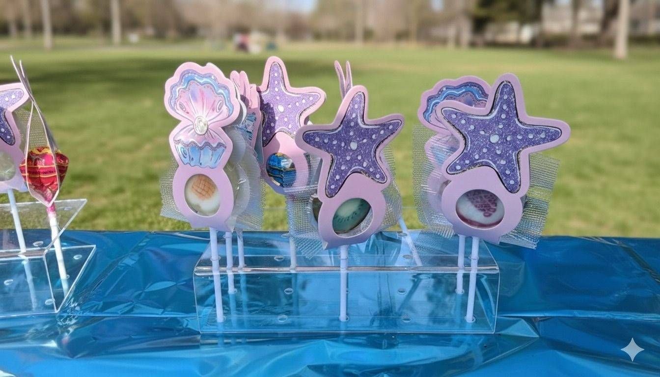 Piruletas con temática de sirenas, decoradas con estrellas de mar y conchas, expuestas en un soporte de acrílico sobre una mesa azul.