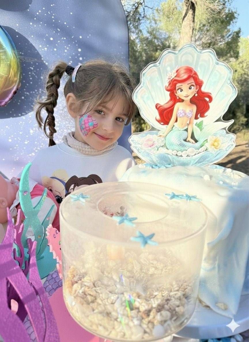 Una niña con la cara pintada sonríe junto a una tarta con temática de La Sirenita y un recipiente transparente lleno de conchas decorativas.