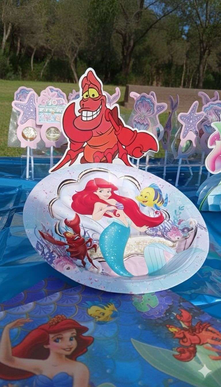 Un juego de mesa con temática de La Sirenita, con Ariel, Flounder y Sebastián en un plato y mantel decorados.