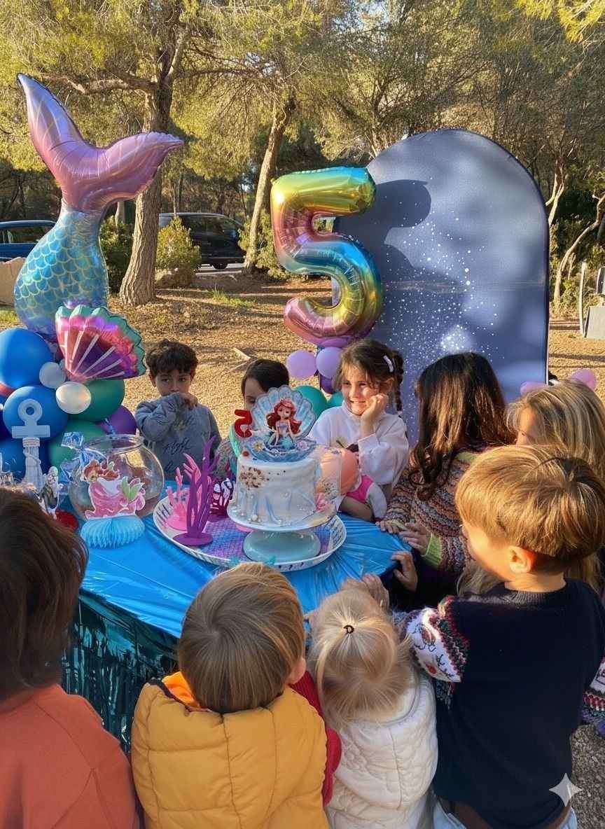 Un grupo de niños se reúne al aire libre alrededor de una tarta de cumpleaños con temática de sirenas y un gran globo con el número